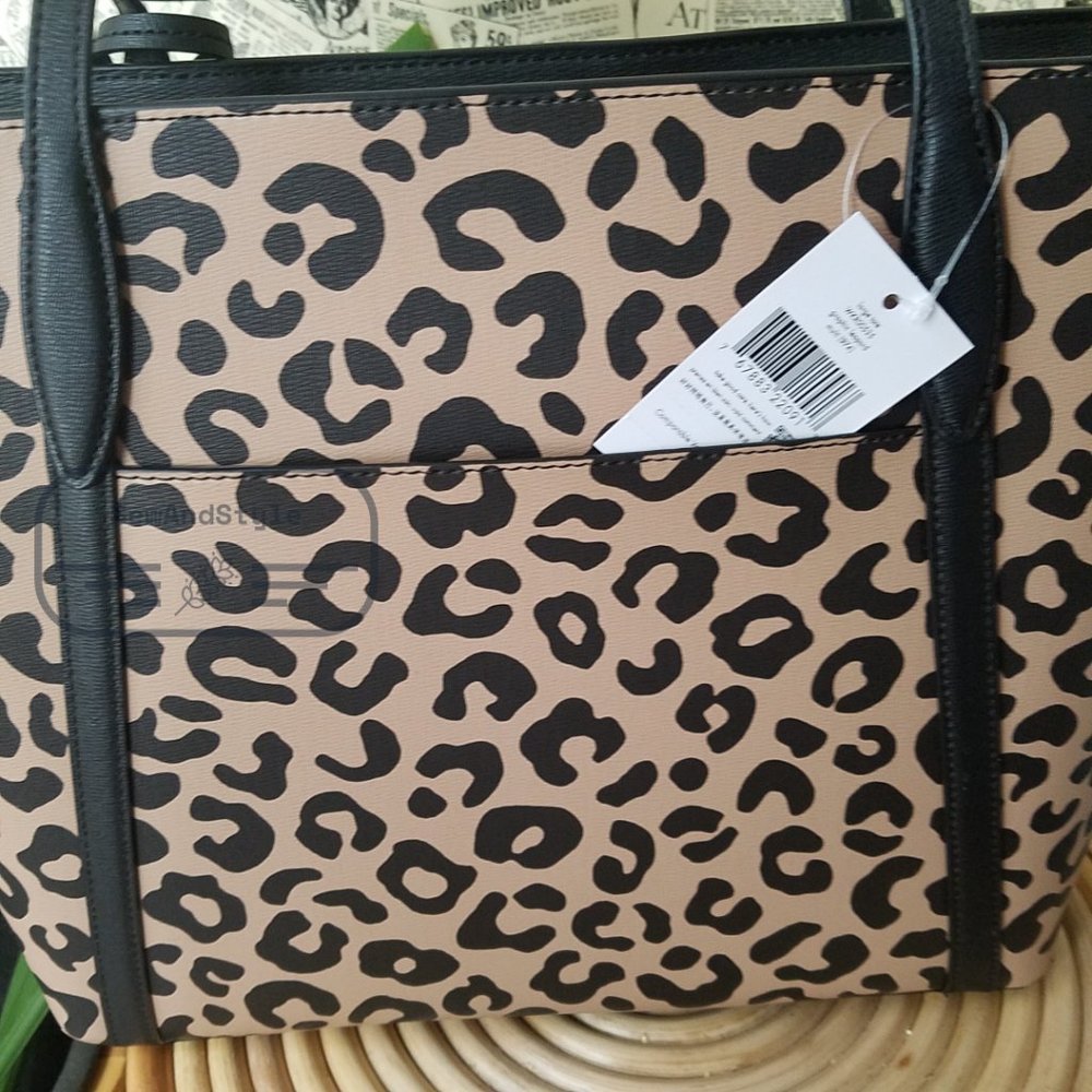 Kate Spade NWT Black Cara Leopard Animal Print Large Leather Tote Shoulder Bag - Picture 6 of 13